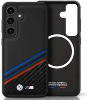 Original dėklas BMW Leather Tricolor Crossing Stripes MagSafe skirtas Samsung Galaxy S25 juodos spalvos