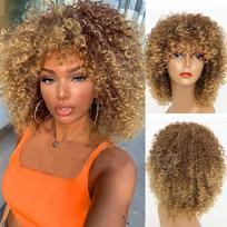 MISSQUEEN trumpi blondinai garbanoti Afro perukas Kinky garbanoti perukai juodai madingoms moterims Mišrūs rudi sintetiniai perukai, aukštos temperatūros pluoštas 14inches
