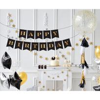 Girlianda popierinė su aukso spalvos raidėmis "Happy birthday", juoda (250x13 cm)