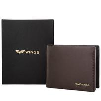 „WINGS“ vyriškas rudos spalvos odinis portfelis su RFID apsauga ir papildoma atlenkiama dalimi kortelėms, 13x10 cm praktiška dovana