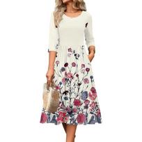 3/4 Sleeve Women's Dress Casual Flowy A-Line Midi Tshirt Dresses With Pockets Crewneck Vocation Boho Beach Sundress L smėlis