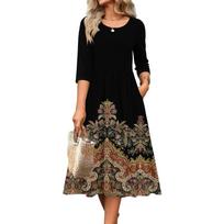3/4 Sleeve Women's Dress Casual Flowy A-Line Midi Tshirt Dresses With Pockets Crewneck Vocation Boho Beach Sundress L juoda