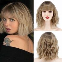 MERISIHAIR rudi trumpi Bob Wave perukai su kirpčiukais Blond moterims Natūralus karščiui atsparus sintetinis perukas kasdieniam dėvėjimui Cosplay garbanotiems plaukams CN
