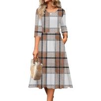 3/4 Sleeve Women's Dress Casual Flowy A-Line Midi Tshirt Dresses With Pockets Crewneck Vocation Boho Beach Sundress L smėlis
