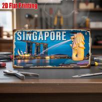 Printing, , Singapore Marina Bay and Merlion Scene Metal License Plate, Decorative Signs & Plaques , Vintage Aluminum Sign, P 15x30cm(5.9x7.8inch)