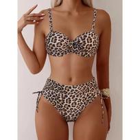 Seksualus raštas Aukšto liemens Bikini Moteriškas maudymosi kostiumas Dviejų dalių Petnešėlių dizainas Madingas maudymosi kostiumas Moteriška madinga apranga prie baseino M leopardo rašto spalva