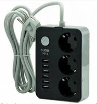 Prailgintuvas 1.8m su 3 lizdais, 6 USB, su jungikliu, Juoda