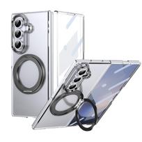 Metalinis žiedo laikiklis Magnetinis dėklas, skirtas Samsung Galaxy Z Fold 7 6 5 4, su 360° besisukančiu laikikliu, Skaidrus dangtelis, Skaidrus stiklinis ekrano apsaugas Galaxy Z Fold7 juoda
