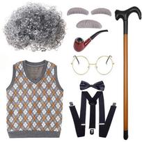 Klasikinis senelio kostiumo perukų rinkinys su trumpais minkštais garbanotais plaukais ir stilinga liemene vaikams Black Vest White Curls,110cm