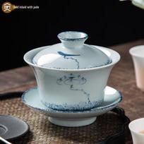 Large Hand-Painted Blue & White Ceramic Gaiwan didelė spalva