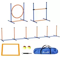 Agility treniruočių įranga su reguliuojamo aukščio vikrumo kliūtimis, pinti stulpai, šuolių ringas, kliūčių rinkinys