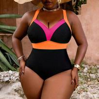 European and American Solid Color Dark V One-piece Swimsuit Conservative Swimsuit Bikini 4XL 0XL
