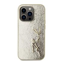 Auksinis telefonas dėklas iPhone 15 Pro su metaliniu paviršiumi Karl Lagerfeld