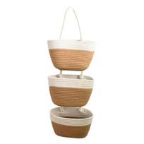 3-Layer Wall Hanging Storage Basket Handwoven No-Punch Hanging Storage Pouches Multipurpose Wall Mounted Organizer chaki