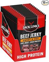 "Jack Links Beef Jerky Sweet & Hot" - 12 vnt. (12 x 60 g) - džiovintos mėsos baltyminiai užkandžiai - daug baltymų turintys užkandžiai sporto salėje, sporto salėje, lauke - amerikietiškas maistas žmonėms - "Jerky" traškučiai iš jautienos mėsos