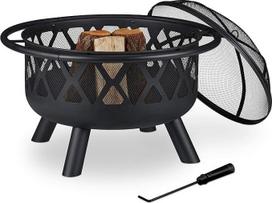 "Relaxdays" ugniakuras su apsauga nuo kibirkščių, sodui ir terasai, su pokeriu, lauko ugniakuras, plienas, skersmuo 63,5 cm, juodas