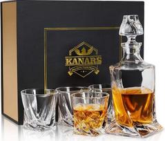 KANARS viskio karafos ir taurių rinkinys, 800 ml bešvinio krištolo viskio dekanteris su 4 x 300 ml taurėmis, 5 dalys, dovanų dėžutė