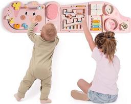 ROBUD Montessori medinė motorinių įgūdžių lenta - 11-in-1 "Busy Board" sieninis žaislas vaikams nuo 18 mėnesių, Montessori žaislas kūdikių motorinių įgūdžių lenta su ksilofonu, būgnu, veidrodžiu ir besisukančiomis dalimis, rožinės spalvos