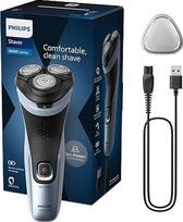 "Philips" skustuvas "Series 3000X" - elektrinis šlapio ir sauso skutimosi peiliukas vyrams, dangaus mėlynos spalvos, su "SkinProtect" technologija, atlenkiamu barzdos kirptuvu ir ergonomiška rankena (modelis X3053/00)