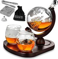 MikaMax, viskio karafos rinkinys, "Globe Decanter Deluxe" rinkinys, "Globe Decanter" dekanterio rinkinys, 2 stiklinės "Globe" viskio taurės, dovana vyrams, skaidri, 9 viskio akmenys, stiklinės karafos rinkinys