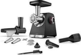"Bosch MultiPower MFWS650B Series 6" mėsmalė 3 perforuoti diskai (3, 4,5/8 mm), nerūdijantis plienas, galima plauti indaplovėje, sulčiaspaudė, dešrų / kepsnių priedas, elektrinė, stipri, kompaktiška, 2100 W, juoda