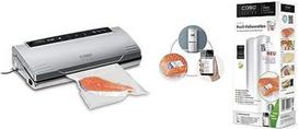 "Caso VC100 Vacuum Sealer" - vakuuminis sandariklis, kuriame maistas išlieka šviežias iki 8 kartų ilgiau - natūralus saugojimas be konservantų, dvigubi 30 cm ilgio ir profesionalūs 28 x 600 cm folijos ritinėliai.
