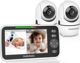 "HelloBaby" kūdikių monitorius su 2 kameromis, be "WiFi", 5 colių padalytas ekranas, 355°/120° pasukamas ir pakreipiamas kūdikių monitorius, ECO, dvipusis garsas, naktinis matymas, 3500 mAh baterija, 8 lopšinės