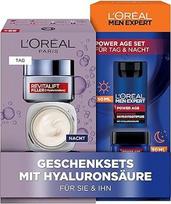 "L'Oréal Paris" priežiūros rinkiniai jam ir jai, veido priežiūros rinkiniai su 2 x veido kremu ir 2 x naktiniu kremu, senėjimą stabdančios dovanos su hialurono rūgštimi vyrams ir moterims, "Revitalift Filler", "Power Age", 4 vnt.