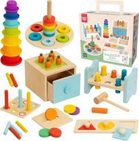 "Nene Toys Montessori" žaislas nuo 1 metų - 12-24 mėnesių kūdikių lavinamųjų žaislų rinkinys su "3-in-1" veiklų dėžute, puodeliais, plaktuku, formų dėlionėmis ir žiedų bokštu - FSC medinis motorinių įgūdžių rinkinys