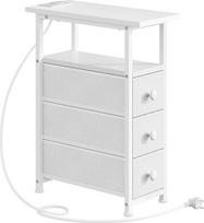 HOOBRO Naktinis staliukas su įkrovimo stotele, 1 standartinis kištukinis lizdas, 2 USB lizdai, plonas staliukas, 3 stalčiai iš neaustinės medžiagos, atviras skyrius, skirtas svetainei, miegamajam, baltas EWW482CBZ01