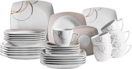 Mäser 931207 NELA indų rinkinys 30 dalių balto porceliano pietų rinkinys 6 asmenims su rudu raštu Kavos puodelis, lėkštė, desertinė lėkštė, balta / ruda spalva