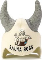 Pirties kepurė "Sauna Boss Devil" White - 100 % organinės vilnos veltinio kepurės - apsaugo galvą nuo karščio - pridedamas angliškas pirties elektroninės knygos vadovas - su siuvinėjimu