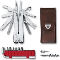 VICTORINOX Swiss Tool Spirit X Plus 35 funkcijų šveicariškas daugiafunkcis įrankis su užrakinamais ašmenimis ir odiniu dėklu sidabrinės spalvos