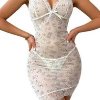 Moteriški permatomi nėrinių naktiniai marškiniai su V formos iškirpte, pilnas kombinezonas, chemise naktiniai marškiniai, seksuali permatoma bodidoll miego apranga su stringais S juoda
