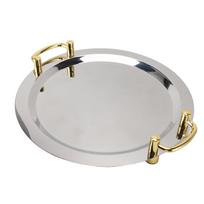 Nerūdijančio plieno padėklas Išskirtinis Elegantiškas Veidrodinis Paviršius Auksinė Nešimo Rankena 304 Nerūdijančio Plieno Lėkštės Round (Diameter 15.7in)