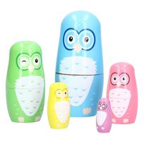 5Pcs Painting Nesting Dolls Wood Cartoon Owl Art Crafts Intelligence Toy Home Decoration