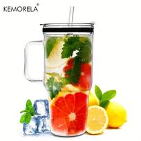 KEMORELA 1/2 VNT. 40oz Didelis stiklinis puodelis su šiaudeliais ir dangteliais Stiklinis kavos puodelis su rankena Skaidrus vandens butelis Automobiliui/Stovyklavimui >1L black