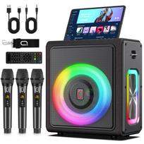 Karaokės mašina su 3 belaidžiais mikrofonais | Bluetooth 5.3 garsiakalbis su aido reguliavimu ir automatiniu tono koregavimu | PA sistema su RGB šviesomis