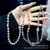 Ethnic Style Phone Chain Crossbody Wearable Dahua Pearl Long Crystal Bead Phone Lanyard New Pendant Accessories rožinė