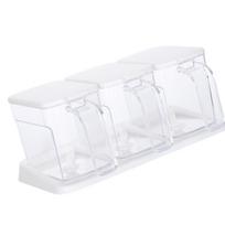 Prieskonių dėžučių rinkinys Plastikinis Skaidrus 3 skyrių Didelės talpos prieskonių dėžutė su šaukšteliais virtuvei Elegant White