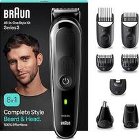 "Braun All-In-One Trimmer Set 3", "8-in-1 Multigroom", barzdos kirptuvas, nosies plaukų kirptuvas, veido, galvos ir kūno plaukų kirptuvas, 80 minučių veikianti baterija, 14 ilgių (3-21 mm), atsparus vandeniui, MGK3440, juodas