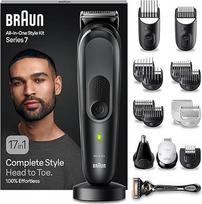 "Braun All-In-One Trimmer Set 7", "17-in-1 Multigroom", barzdos kirptuvas, nosies plaukų kirptuvas, veido, galvos ir kūno plaukų kirptuvas, 100 min. baterija, 14 ilgių (3-21 mm), atsparus vandeniui, MGK7491, juodas