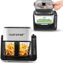 "NutriChef" 4 l oro keptuvė ir elektrinis grilis - 7-in-1 stiklinė karšto oro keptuvė + 1,2 l kepsninė kepimui, gruzdinimui, kepimui be aliejaus, elektrinis stalinis grilis, skaidrus matymo langelis, idealiai tinka šeimoms, baltos spalvos