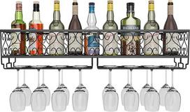 W-612 Metalinis juodas sieninis pakabinamas vyno, šampano stiklo taurių ir taurių laikiklis, 80 x 20 cm, talpinantis iki 18 butelių vyno ir 18 taurių taurių