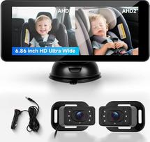 Hodozzy Dviguba kūdikių automobilio kamera 2 vaikams - 6,86 colių IPS padalytas HD ekranas, naktinis matymas, 360° kampu besisukanti saugos veidrodinė kamera vaikams ir naminiams gyvūnėliams, lengvai montuojama