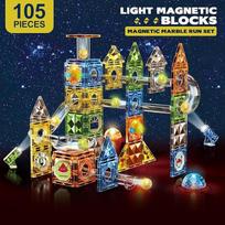 Magnetinės statybinės kaladėlės 105 dalių su magnetiniu marmuro bėgimu, spalvotos, Magna plytelės - Montessori statybinis žaislas