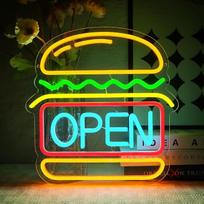 Neoninis atviras ženklas LED Hamburgeris Neoninis ženklas Sieninis burgeris Atviras neoninis ženklas Atviras LED ženklas Hamburgerio parduotuvei Burgerio parduotuvė Greito maisto parduotuvė Verslo virtuvė Baras Restoranas Parduotuvė Klubas Parduotuvė Vieš