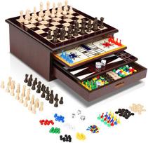 10-in-1 medinių stalo žaidimų rinkinys – Šachmatai, dama, backgammon ir kt. – Aukščiausios kokybės kelių žaidimų rinkinys su laikymo vieta