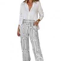 2 Pcs/Set Women Shirt Pants Set Long Sleeves Lapel Collar Single-breasted Blouse High Waist Loose Printed Full Length Pants Set S pilka