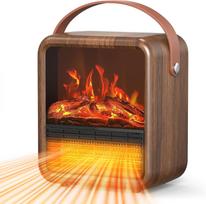 Mažas nešiojamas elektrinis židinio šildytuvas su 3D liepsna, termostatu, 1500W/750W PTC, apsauga nuo apvirtimo, riešuto spalvos